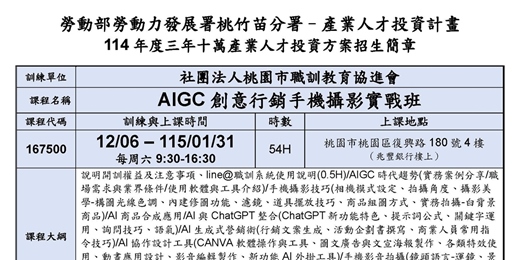 event-banner-114在職產業人才投資方案-AIGC創意行銷手機攝影實戰班(現場授課)