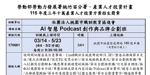 event-banner-115在職產業人才投資方案-AI智慧Podcast創作與品牌企劃班第01期(現場授課)
