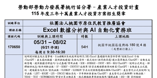 event-banner-115在職產業人才投資方案-Excel數據分析與AI自動化實務班第01期(現場授課)(原協)