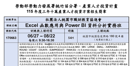 event-banner-115在職產業人才投資方案-Excel函數應用與Power BI資料分析實務班第01期(現場授課)