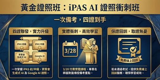event-banner-3/28【iPAS AI證照衝刺班｜付費實體課] 一次備考，四證到手！ iPAS 初 / 中級 AI用規劃師+ 資策會生成式 AI+Google AI，未過免費線上回訓!!