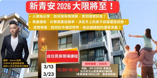 event-banner-2026/03/13(五) ，2026/03/23(一) - 【Kevin老師親授】新青安2026大限將至！小資買房 x 資產健檢 x 逆勢佈局｜自住買房實戰課程