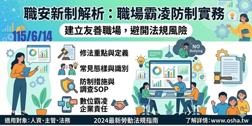 event-banner-6/14《職安新制解析：職場霸凌防制實務——從法規遵行、調查程序到數位風險控管》