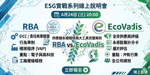 event-banner-6月24日(三)20:00 ESG實戰系列線上說明會分享主題:「RBA vs. EcoVadis:供應鏈永續稽核兩大工具完整解析」