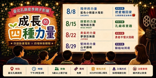 event-banner-【免費親子活動】臺北孔廟夏季親子影展｜成長的四種力量 (7月15日10:00開放售票)