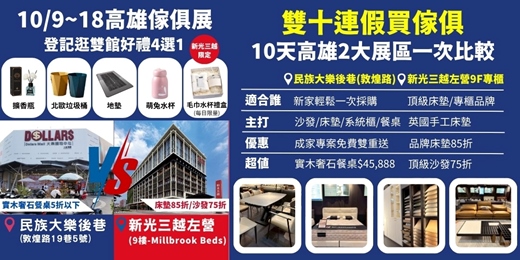 event-banner-雙十連假2026/10/9~10/18高雄傢俱名床大展暨雙十訂製櫃採購節｜民族大樂後巷vs新光三越左營9樓
