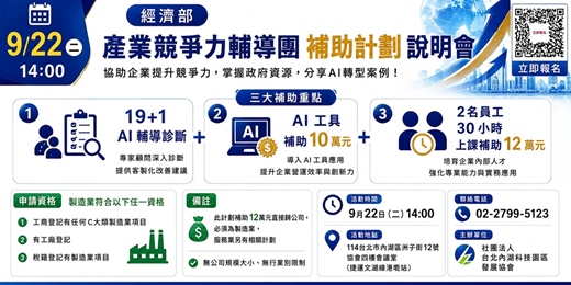 event-banner-9月22日(二)14:00 產業競爭力輔導團補助計劃實體說明會