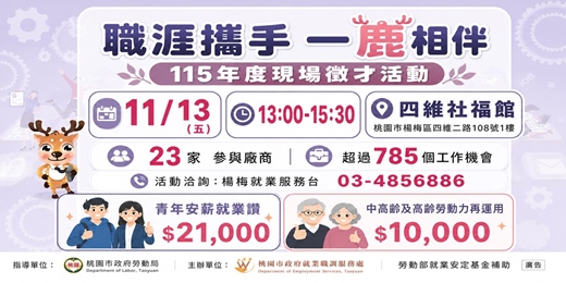event-banner-【職涯攜手 一鹿相伴】楊梅區-四維社福館-現場徵才活動 115/11/13(五)13:00~15:30