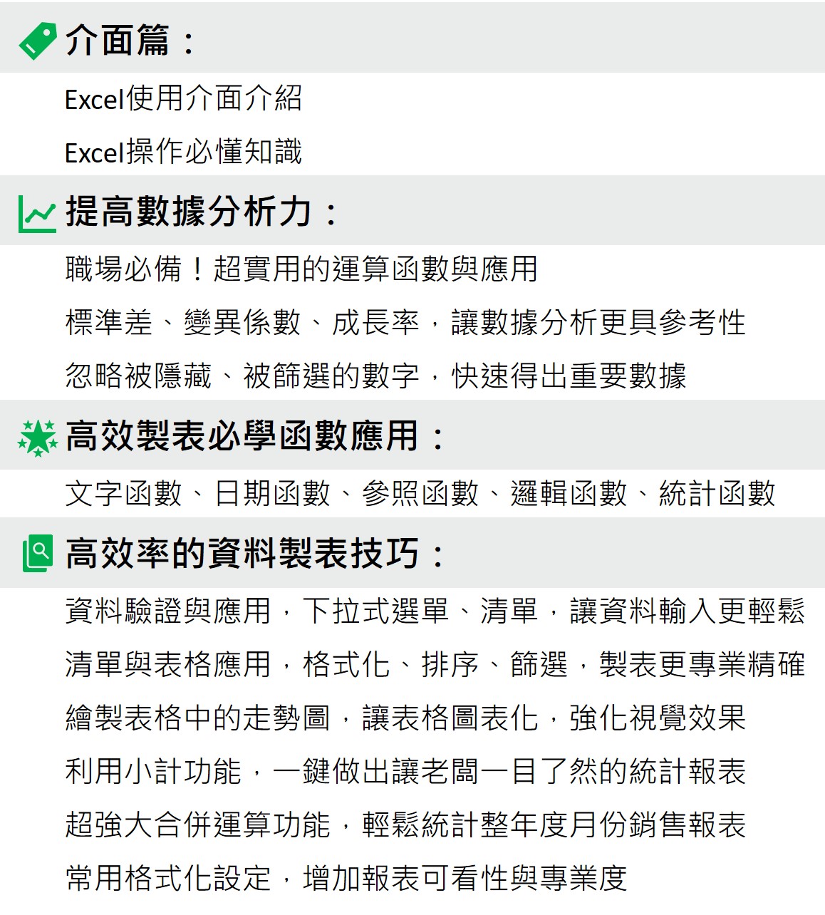 介面篇： Excel使用介面介紹 Excel操作必懂知識 提高數據分析力： 職場必備！超實用的運算函數與應用 標準差、變異係數、成長率，讓數據分析更具參考性 忽略被隱藏、被篩選的數字，快速得出重要數據 高效製表必學函數應用： 文字函數、日期函數、參照函數、邏輯函數、統計函數 高效率的資料製表技巧： 資料驗證與應用，下拉式選單、清單，讓資料輸入更輕鬆 清單與表格應用，格式化、排序、篩選，製表更專業精確 繪製表格中的走勢圖，讓表格圖表化，強化視覺效果 利用小計功能，一鍵做出讓老闆一目了然的統計報表 超強大合併運算功能，輕鬆統計整年度月份銷售報表 常用格式化設定，增加報表可看性與專業度