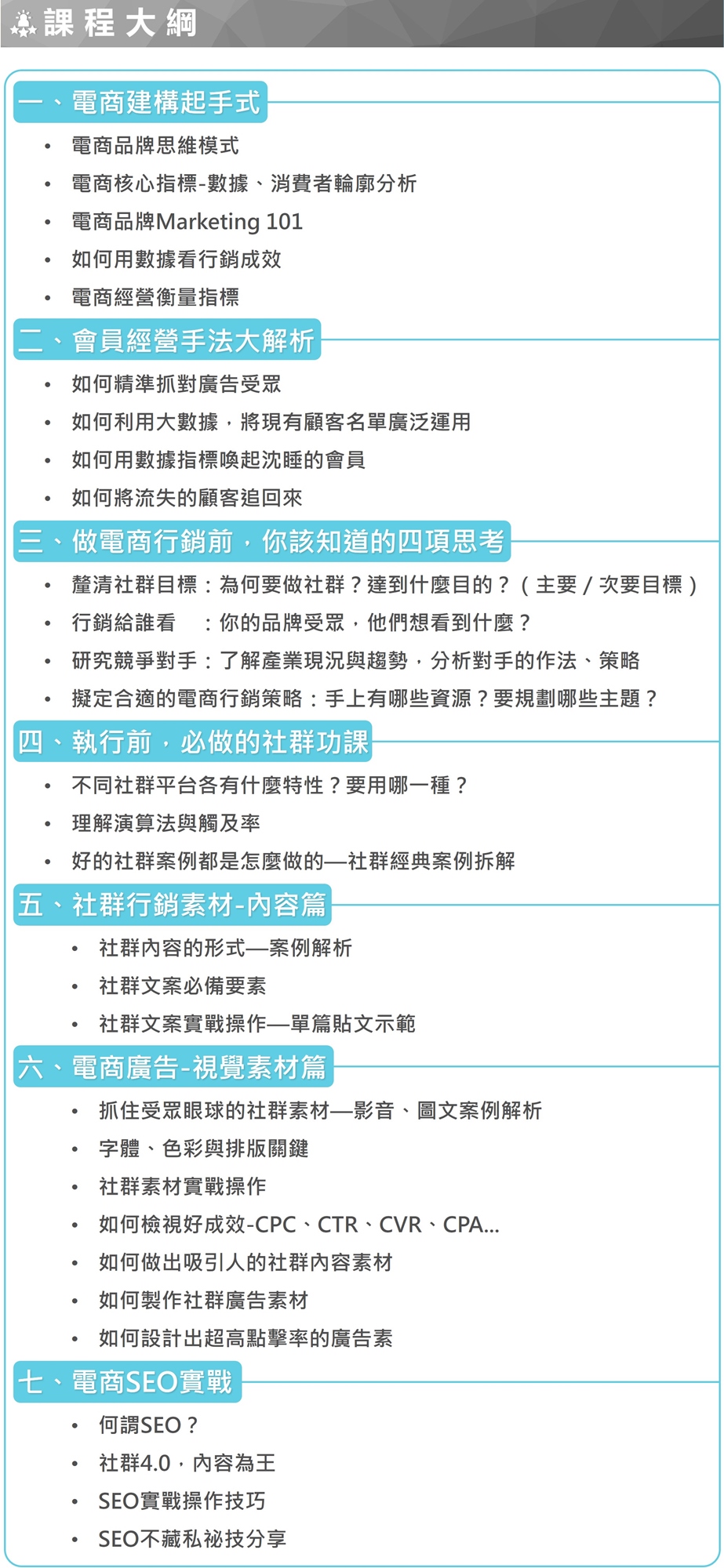 一、電商建構起手式 電商品牌思維模式 電商核心指標-數據、消費者輪廓分析 電商品牌Marketing 101 如何用數據看行銷成效 電商經營衡量指標  二、會員經營手法大解析 如何精準抓對廣告受眾 如何利用大數據，將現有顧客名單廣泛運用 如何用數據指標喚起沈睡的會員 如何將流失的顧客追回來   三、做電商行銷前，你該知道的四項思考 釐清社群目標：為什麼要做社群行銷？達到什麼目的？（主要目標與次要目標） 行銷給誰看：你的品牌受眾，他們想看到什麼？ 研究競爭對手：了解產業現況與趨勢，分析對手的作法、策略 擬定合適的電商行銷策略：手上有哪些資源？要規劃哪些主題？  四、執行前，必做的社群功課 不同社群平台各有什麼特性？要用哪一種？ 理解演算法與觸及率 好的社群案例都是怎麼做的—社群經典案例拆解  五、社群行銷素材-內容篇 社群內容的形式—案例解析 社群文案必備要素 社群文案實戰操作—單篇貼文示範  六、電商廣告-視覺素材篇 抓住受眾眼球的社群素材—影音、圖文案例解析 字體、色彩與排版關鍵 社群素材實戰操作 如何檢視好成效-CPC、CTR、CVR、CPA... 如何做出吸引人的社群內容素材 如何製作社群廣告素材 如何設計出超高點擊率的廣告素  七、電商SEO實戰 何謂SEO？ 社群4.0，內容為王 SEO實戰操作技巧 SEO不藏私祕技分享