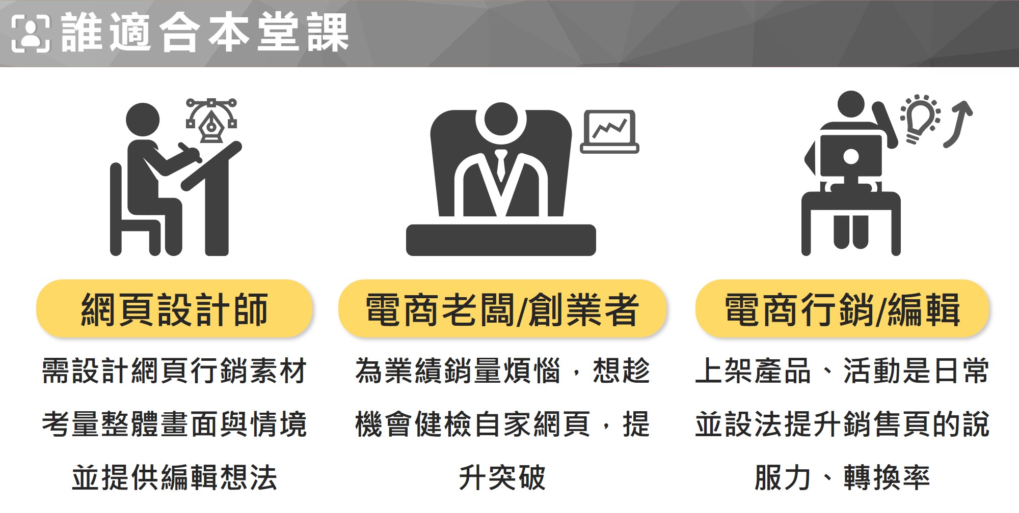 電商經營新手:想成為網路賣家,或剛開始經營電商,想知道如何行銷更賣得好 品牌經理/行銷企劃:需規劃並經營電商平台,想了解如何行銷曝光,創造流量與業績 電商經營苦手:經營一段時間,業績與流量不見起色,想找出盲點突破經營瓶頸