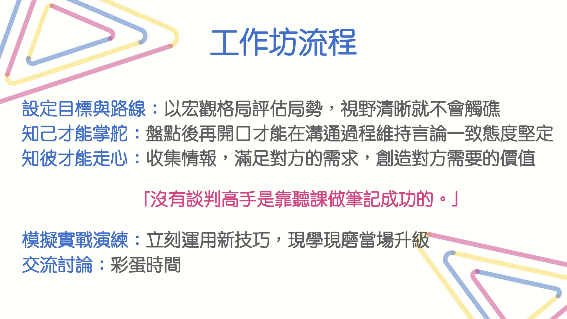 工作坊流程  設定目標與路線：以宏觀格局評估局勢，視野清晰就不會觸礁  知己才能掌舵：盤點後再開口才能在溝通過程維持言論一致態度堅定  知彼才能走心：收集情報，滿足對方的需求，創造對方需要的價值  模擬實戰演練：立刻運用新技巧，現學現磨當場升級  交流討論：彩蛋時間