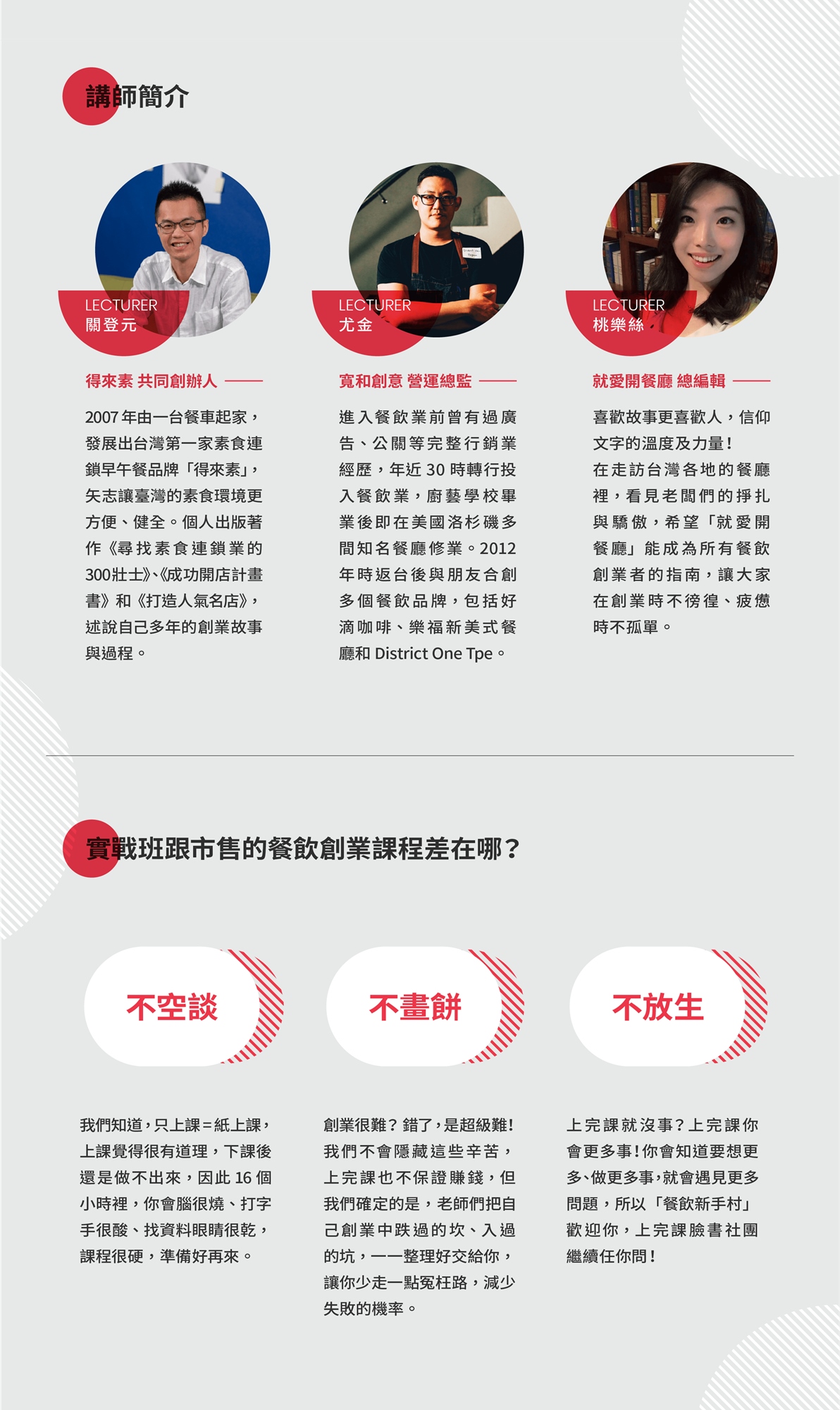 實戰班跟市售的餐飲創業課程差在哪？ * 不空談 我們知道，只上課＝紙上課， 上課覺得很有道理， 下課後還是做不出來， 因此 16 個小時裡， 你會腦很燒、打字手很酸、找資料眼睛很乾， 課程很硬，準備好再來。 ​ * 不畫餅 創業很難？錯了， 是 超 級 難！ 我們不會隱藏這些辛苦， 上完課也不保證賺錢， 但我們確定的是， 老師們把自己創業中跌過的坎、入過的坑， 一一整理好交給你，讓你少走點冤枉路， 減少失敗的機率。 ​ * 不放生 上完課就沒事？ 上完課你會更多事！ 你會知道要想更多、做更多事， 就會遇見更多問題， 所以「餐飲新手村」歡迎你， 上完課臉書社團繼續任你問！ ​ 你會獲得什麼？ * 一份完整且可執行的企劃書 擁有一本自己的「聖經」， 完整紀錄想做和該做的事， 讓你更不迷惘、更不慌張。 * 一個三分鐘完整簡述商業模式的能力（Pitch） 不論是要招人、說服家裡人、跟朋友合夥， 都可以讓別人快速認同你的能力。 * 一群一起創業的戰友 不論是上課的同學或講師， 都是彼此最好的戰友， 講師們會長駐「餐飲新手村」， 讓你想問就問、討拍也能來！