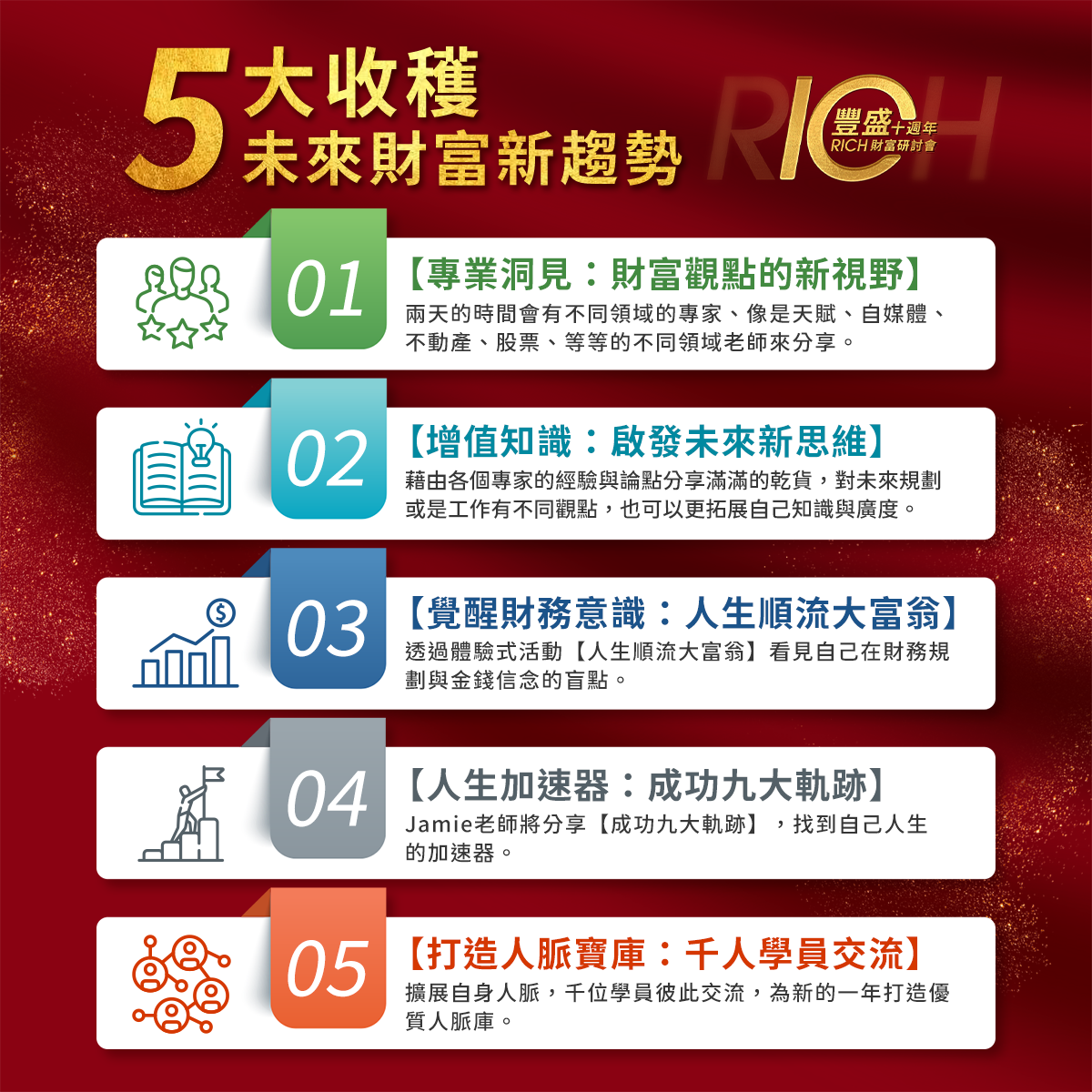 參與會有什麼收穫：  1.兩天的時間會有不同領域的專家、像是天賦、自媒體、不動產、股票、等等的不同領域老師來分享。  2.藉由各個專家的經驗與論點分享滿滿的乾貨，讓自己的未來規劃或是工作有不同觀點，也可以更拓展自己知識與廣度。 3.透過體驗式活動【人生順流大富翁】看見自己在財務規劃與金錢信念的盲點。 4.Jamie老師將分享【成功九大軌跡】，找到自己人生的加速器。 5.擴展自身人脈，千位學員彼此交流，為新的一年打造優質人脈庫。