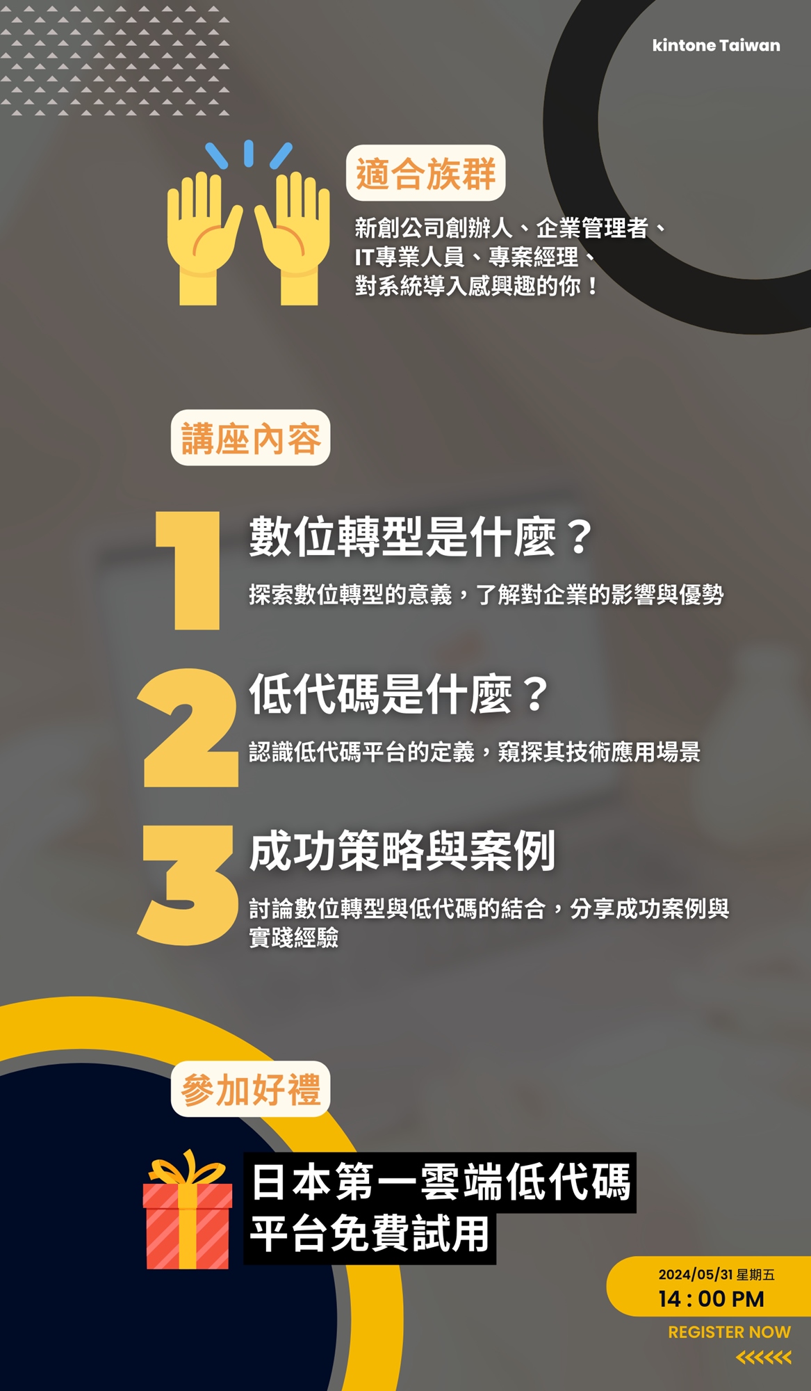 探索數位轉型的意義,了解對企業的影響與優勢/認識低代碼平台的定義,窺探其技術應用場景/討論數位轉型與低代碼的結合,分享成功案例與實踐經驗