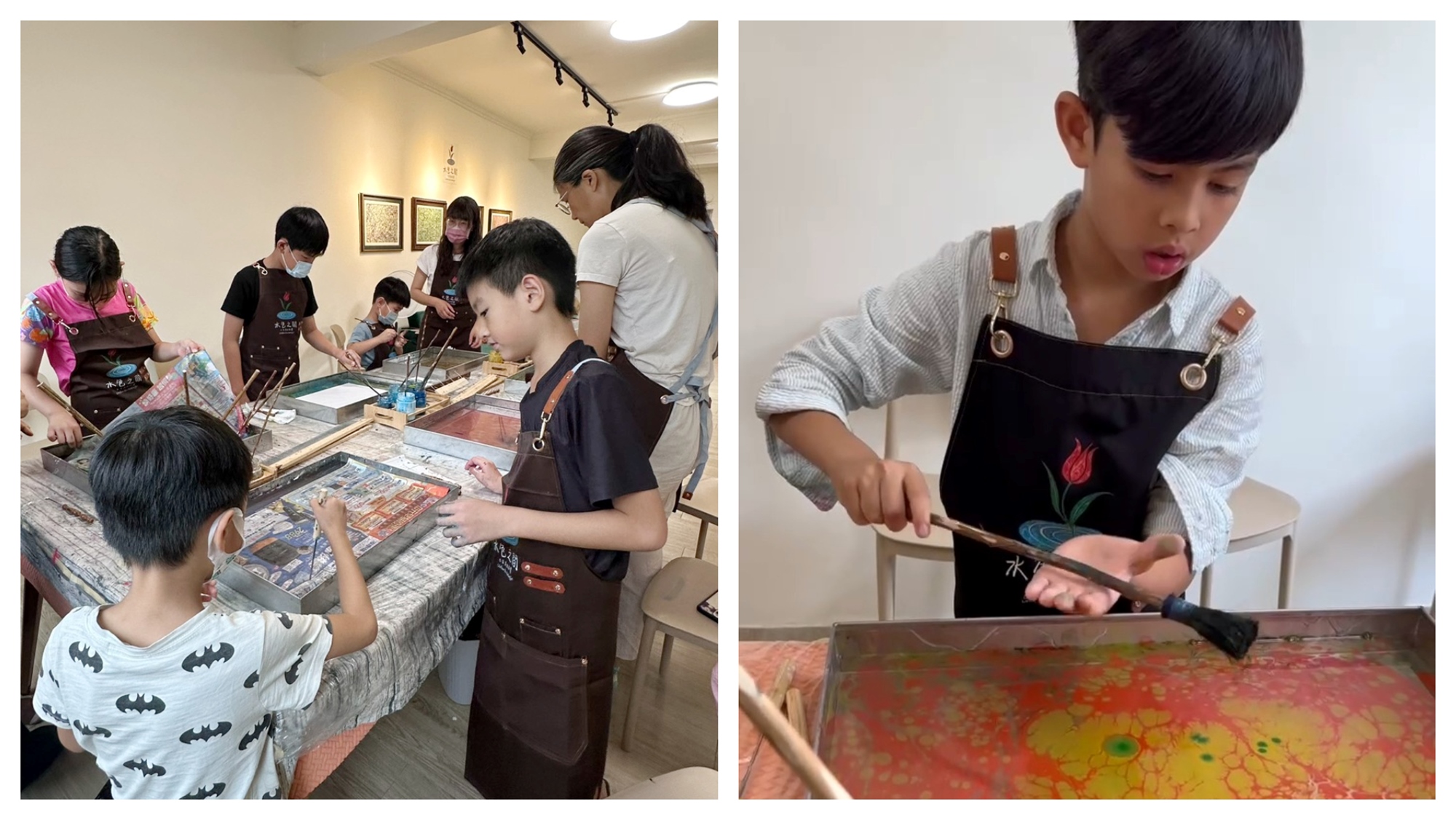 親子水拓畫創作中｜使用進口畫材，留下第一幅共同作品