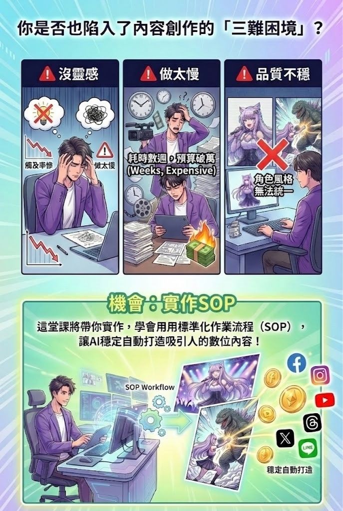 你是否也陷入了內容創作的「三難困境」？  * 沒靈感：絞盡腦汁寫出的文案，觸及率卻慘不忍睹 * 做太慢：拍一支MV、畫一篇漫畫，耗時數週，預算破萬 * 品質不穩：想用Al生成，但角色風格無法統一，只能當玩具？  這堂課將帶你實作，學會用標準化作業流程（SOP），讓AI穩定自動打造吸引人的數位內容！