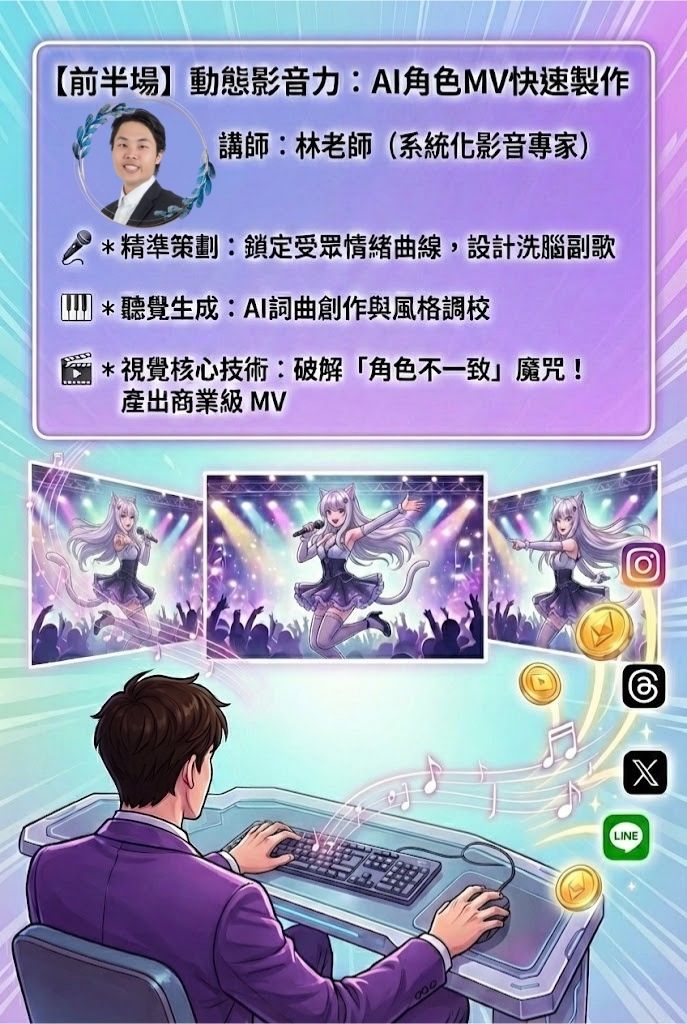 【前半場】動態影音力：AI角色MV快速製作  講師：林老師（系統化影音專家） * 精準策劃：鎖定受眾情緒曲線，設計洗腦副歌 * 聽覺生成：AI詞曲創作與風格調校 * 視覺核心技術：破解「角色不一致」魔咒！產出商業級 MV