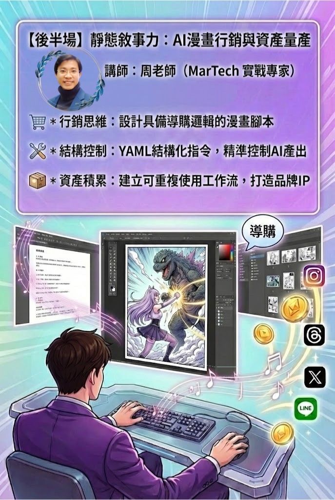 【後半場】靜態敘事力：Al漫畫行銷與資產量產  講師：周老師（MarTech 實戰專家） * 行銷思維：設計具備導購邏輯的漫畫腳本 * 結構控制：YAML結構化指令，精準控制AI產出 * 資產積累：建立可重複使用工作流，打造品牌IP