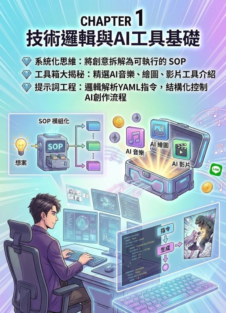 CHAPTER1 技術邏輯與AI工具基礎 * 系統化思維：將創意拆解為可執行的 SOP * 工具箱大揭秘：精選AI音樂、繪圖、影片工具介紹 * 提示詞工程：邏輯解析YAML指令，結構化控制AI創作流程