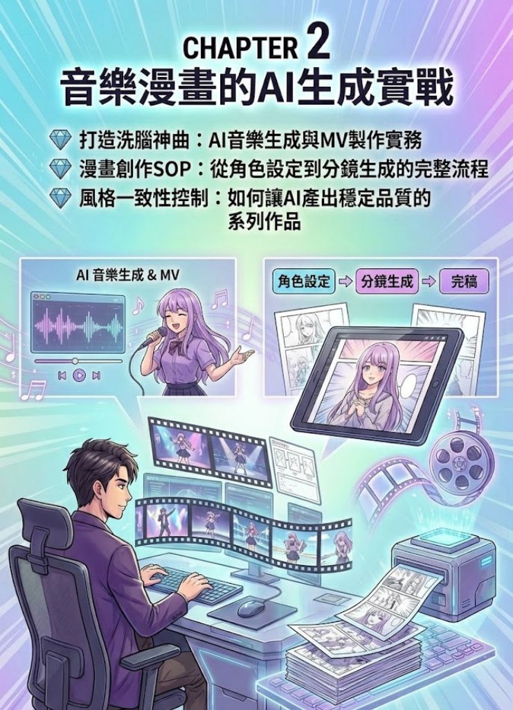 CHAPTER 2 音樂漫畫的AI生成實戰 * 打造洗腦神曲：AI音樂生成與MV製作實務 * 漫畫創作SOP：從角色設定到分鏡生成的完整流程 * 風格一致性控制：如何讓Al產出穩定品質的系列作品