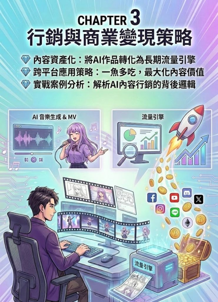 CHAPTER 3 行銷與商業變現策略 * 內容資產化：將AI作品轉化為長期流量引擎 * 跨平台應用策略：一魚多吃，最大化內容價值 * 實戰案例分析：解析AI內容行銷的背後邏輯