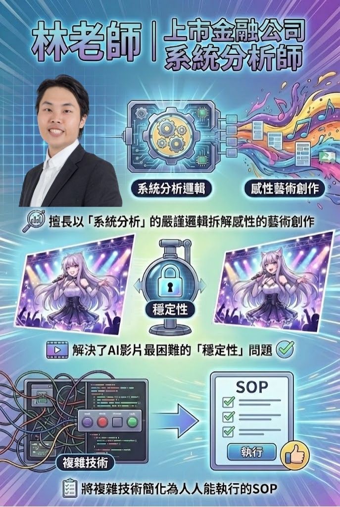 林老師 | 上市金融公司 系統分析師  * 擅長以「系統分析」的嚴謹邏輯拆解感性的藝術創作 * 解決了AI影片最困難的「穩定性」問題 * 將複雜技術簡化為人人能執行的SOP