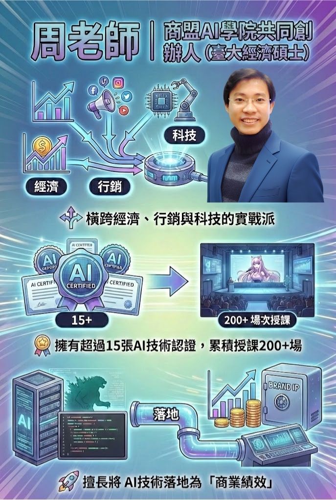 周老師 | 商盟AI學院共同創辦人（臺大經濟碩士） * 橫跨經濟、行銷與科技的實戰派 * 擁有超過15張AI技術認證，累積授課200+場 * 擅長將 AI技術落地為「商業績效」