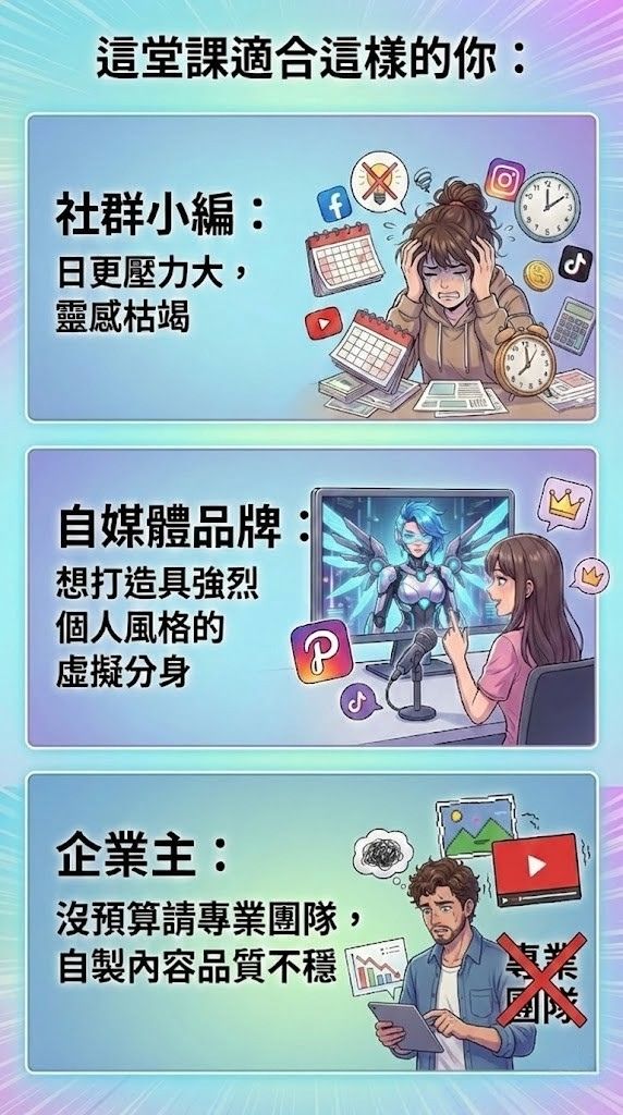 這堂課是為這樣的你量身打造：  社群行銷人/小編 * 痛點：日更壓力大，靈感枯竭，做圖到手軟 * 收益：學會快速生成MV與漫畫，解決流量焦慮，大幅縮短製作時間  自媒體創作者/個人品牌 * 痛點：圖文競爭激烈，想轉型影音卻卡關 * 收益：解鎖動靜態新技能，打造具強烈個人風格的作品與虚擬分身  中小企業主/創業者 * 痛點：沒預算請專業團隊，自製內容品質不穩 * 收益：低成本打造專業級品牌IP，建立能導購的內容資產