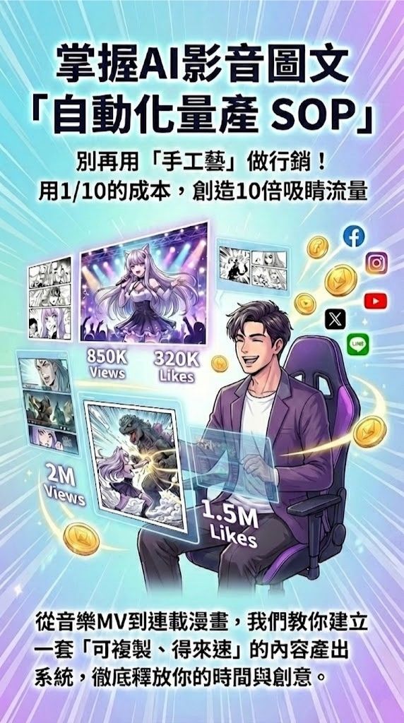 掌握AI影音圖文「自動化量產 SOP」  別再用「手工藝」做行銷！用1/10的成本，創造10倍吸睛流量  從音樂MV到連載漫畫，我們教你建立一套「可複製、得來速」的內容產出系統，徹底釋放你的時間與創意。