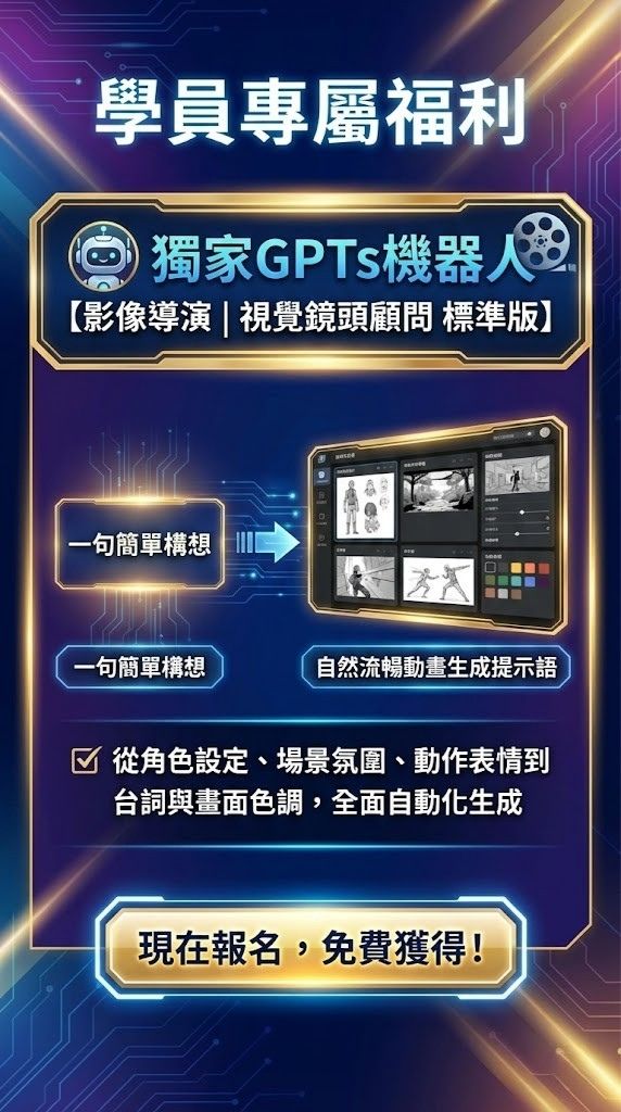 學員專屬福利   獨家GPTs機器人【影像導演｜視覺鏡頭顧問 標準版】  能將一句簡單構想，快速轉化為自然流暢的動畫生成提示語  從角色設定、場景氛圍、動作表情到台詞與畫面色調，全面自動化生成   現在報名，免費獲得！