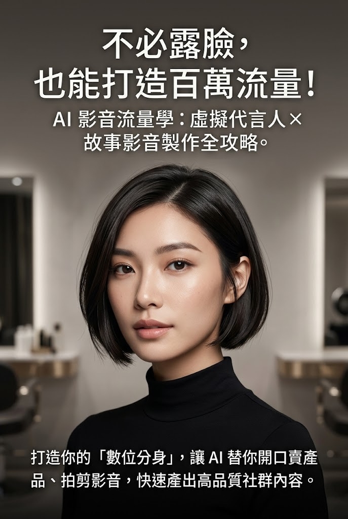 <img src="1-ai-video-course-hero-mobile.jpg"       alt="AI 影音流量學：虛擬代言人與故事影音製作全攻略。主打不必露臉，也能打造百萬流量！展示如何打造你的「數位分身」，讓 AI 替你開口賣產品、拍剪影音，快速產出高品質社群內容。"       title="AI 影音流量學：數位分身與不露臉短影音實戰">