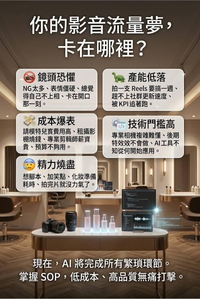 <img src="2-video-creation-pain-points.jpg"       alt="影音製作五大痛點圖表：包含鏡頭恐懼（NG太多、表情僵硬、總覺得自己不上相、卡在開口那一刻）、產能低落（拍一支 Reels 要搞一週、趕不上社群更新速度、被KPI追著跑）、成本爆表（請模特兒費用高、租攝影棚燒錢、專業剪輯師薪資貴、預算不夠用）、技術門檻高（專業相機複雜難懂、後期特效不會做、AI工具不知從何開始應用），以及精力燒盡（想腳本、加笑點、化妝準備耗時、拍完片就沒力氣了）。底部說明現在，AI 將完成所有繁瑣環節。掌握 SOP，低成本、高品質無痛打擊。"       title="影音流量夢卡關？AI 自動化幫你解決五大痛點">
