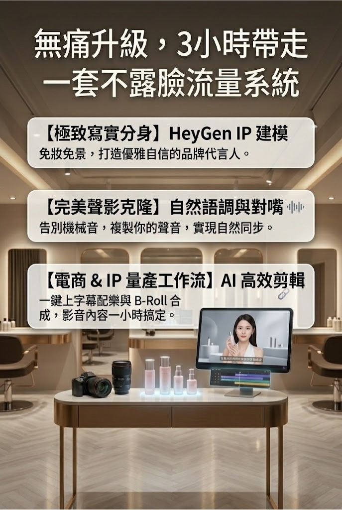 <h2>無痛升級，3小時帶走一套不露臉流量系統</h2>  <img src="3-ai-avatar-course-highlights.jpg"       alt="不露臉流量系統課程亮點圖。包含三大核心：第一是極致寫實分身（HeyGen IP 建模），免妝免景，打造優雅自信的品牌代言人。第二是完美聲影克隆（自然語調與對嘴），告別機械音，複製你的聲音，實現自然同步。第三是電商 & IP 量產工作流（AI 高效剪輯），一鍵上字幕配樂與 B-Roll 合成，影音內容一小時搞定。"       title="課程核心亮點：HeyGen 分身與 AI 高效剪輯工作流">