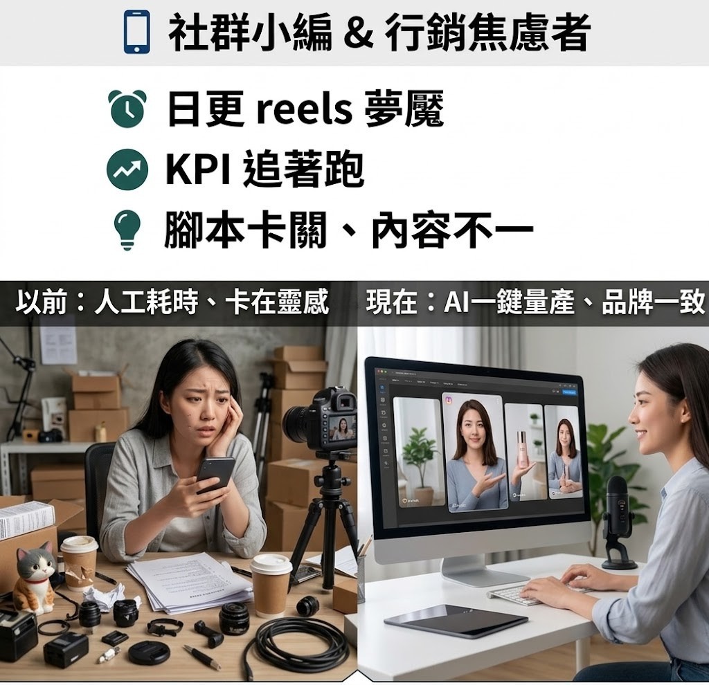 <img src="6-3-target-audience-marketers.jpg"       alt="社群小編 & 行銷焦慮者。解決日更 reels 夢魘、KPI 追著跑、腳本卡關、內容不一。以前：人工耗時、卡在靈感（女子面對複雜攝影器材感到苦惱）；現在：AI 一鍵量產、品牌一致（女子透過電腦與麥克風輕鬆管理直式影音）。"       title="適合對象：社群小編的 AI 短影音極速量產指南">