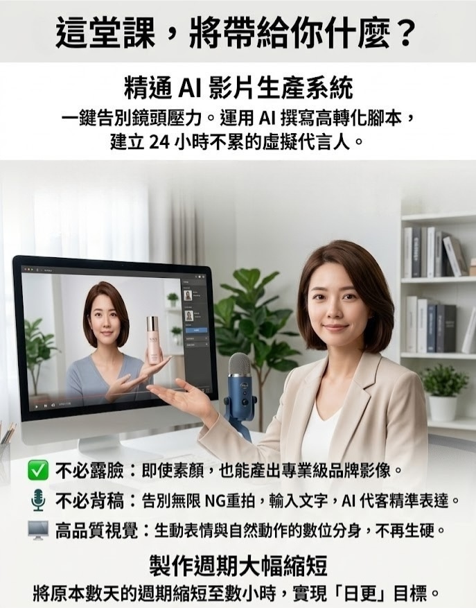 <h2>這堂課，將帶給你什麼？</h2>  <img src="7-ai-video-course-cta-offer.jpg"       alt="精通 AI 影片生產系統：一鍵告別鏡頭壓力。運用 AI 撰寫高轉化腳本，建立 24 小時不累的虛擬代言人。三大優勢：不必露臉（即使素顏，也能產出專業級品牌影像）、不必背稿（告別無限 NG 重拍，輸入文字，AI 代客精準表達）、高品質視覺（生動表情與自然動作的數位分身，不再生硬）。製作週期大幅縮短，將原本數天的週期縮短至數小時，實現「日更」目標。"       title="精通 AI 影片生產系統：實現短影音日更目標">