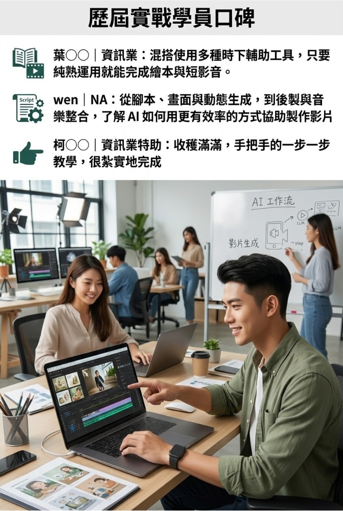 <h2>歷屆實戰學員口碑</h2>  <img src="8-student-success-testimonials.jpg"       alt="歷屆實戰學員口碑。葉〇〇｜資訊業：混搭使用多種時下輔助工具，只要純熟運用就能完成繪本與短影音。wen｜NA：從腳本、畫面與動態生成，到後製與音樂整合，了解 AI 如何用更有效率的方式協助製作影片。柯〇〇｜資訊業特助：收穫滿滿，手把手的一步一步教學，很紮實地完成。畫面展示線下實體教學場景，學員們使用筆電操作剪輯軟體，後方白板畫有 AI 工作流與影片生成步驟。"       title="學員五星好評見證：紮實的 AI 影音實戰教學">