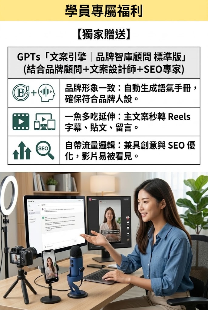 <h2>學員專屬福利與贈品</h2>  <img src="9-exclusive-student-bonuses.jpg"       alt="學員專屬福利【獨家贈送】GPTs「文案引擎｜品牌智庫顧問 標準版」（結合品牌顧問+文案設計師+SEO專家）。三大特色：品牌形象一致（自動生成語氣手冊，確保符合品牌人設）、一魚多吃延伸（主文案秒轉 Reels 字幕、貼文、留言）、自帶流量邏輯（兼具創意與 SEO 優化，影片易被看見）。畫面展示學員利用手機支架與電腦上的 GPT 介面，快速產出直式短影音。"       title="獨家專屬福利：GPTs 文案引擎與 SEO 優化腳本">