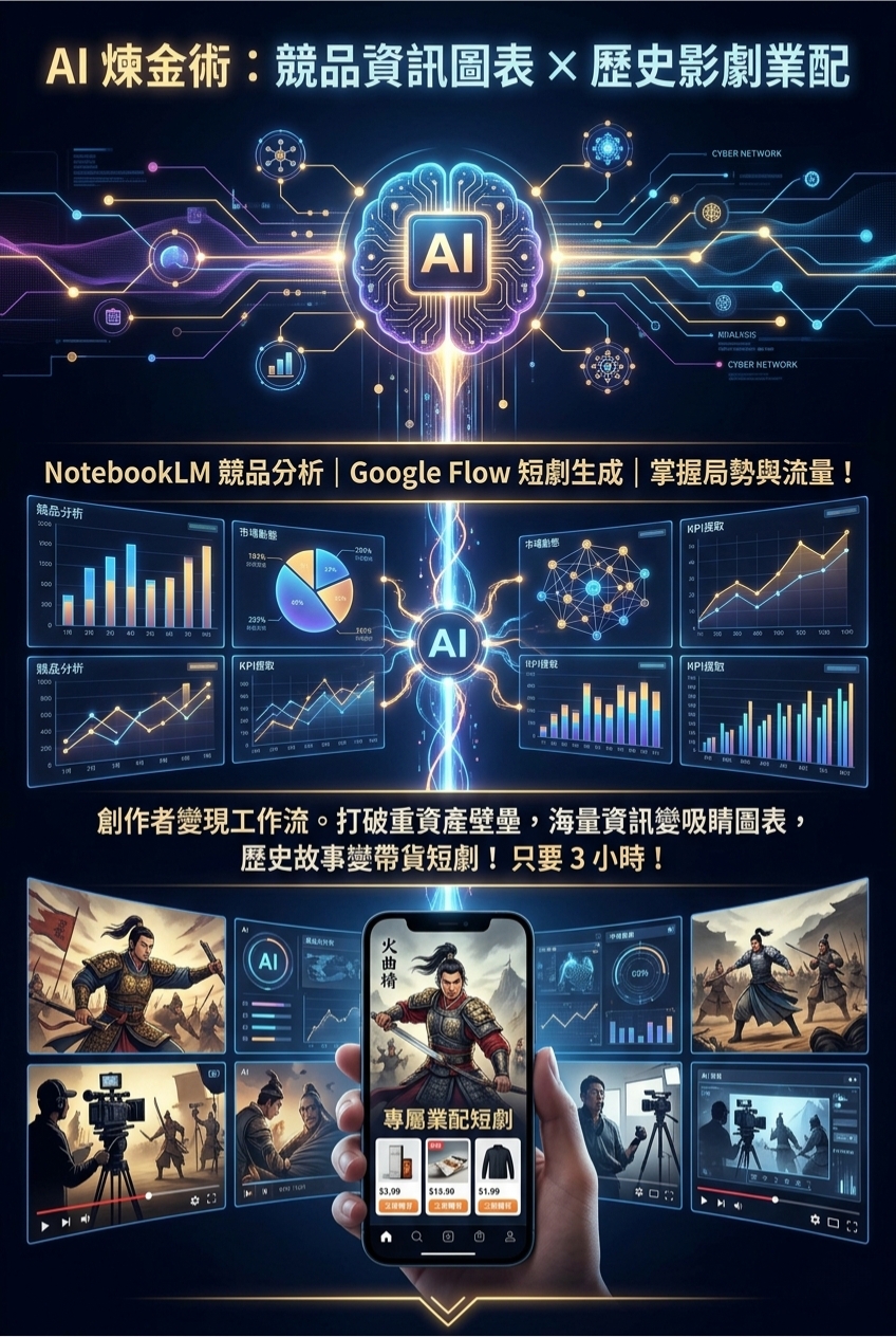 <img src="ai-alchemy-course-cover-infographics-and-historical-drama.jpg" alt="《AI 煉金術：競品資訊圖表 × 歷史影劇業配》課程官方封面圖。視覺展示如何結合 NotebookLM 進行精準的競品分析，與 Google Flow 短劇生成技術，主打打破傳統重資產壁壘，賦能內容創作者只需 3 小時即可完成海量資訊圖表與歷史帶貨短劇的自動化變現工作流。">