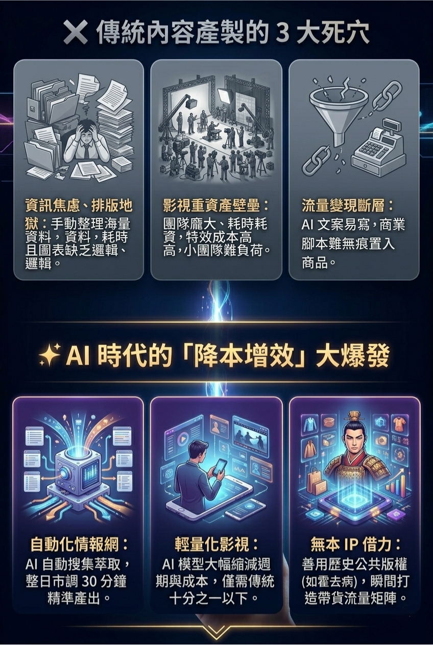 <img src="traditional-content-creation-pain-points-vs-ai-efficiency-solutions.jpg" alt="傳統內容產製痛點與 AI 時代降本增效機會的對比圖表。上半部點出創作者面臨的資訊焦慮、影視重資產壁壘與流量變現斷層三大死穴；下半部提出《AI 煉金術》的解決方案，包含透過 AI 自動化情報網進行市調、輕量化影視製作降低十分之一成本，以及善用歷史公共版權的無本 IP 借力，幫助學員打造帶貨流量矩陣。">