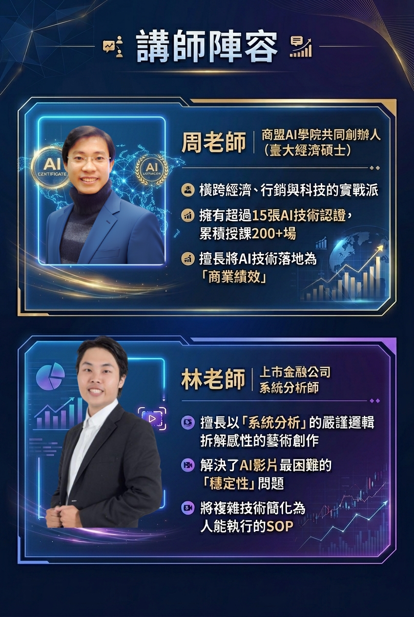 <img src="ai-alchemy-course-expert-instructors-profile.jpg" alt="《AI 煉金術》專業雙講師陣容介紹圖。介紹商盟 AI 學院共同創辦人周老師，具備臺大經濟碩士背景，擁有超過 15 張 AI 技術認證，擅長將 AI 技術落地為商業績效；以及上市金融公司系統分析師林老師，專精以嚴謹邏輯拆解感性藝術創作，解決 AI 影片最困難的穩定性問題，並將複雜技術簡化為人人能執行的 SOP。">