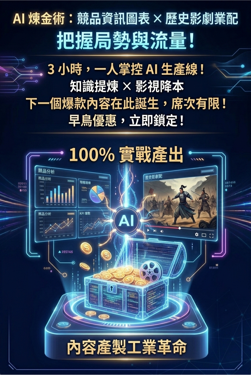 <img src="ai-alchemy-course-call-to-action-early-bird-offer.jpg" alt="《AI 煉金術》課程早鳥優惠與行動呼籲（CTA）海報。主視覺為充滿科技感的 AI 數據寶箱，強調引領內容產製工業革命，呼籲創作者把握局勢與流量，透過 3 小時的課程，一人即可掌控結合知識提煉與影視降本的 AI 生產線，達成 100% 實戰產出並催生下一個爆款內容。">