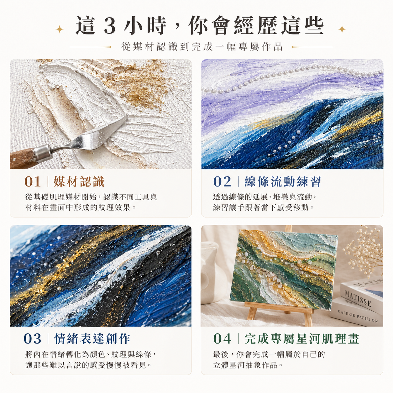 課程收穫：沒才認識、線條流動練習、情緒表達創作、專屬星河肌理畫