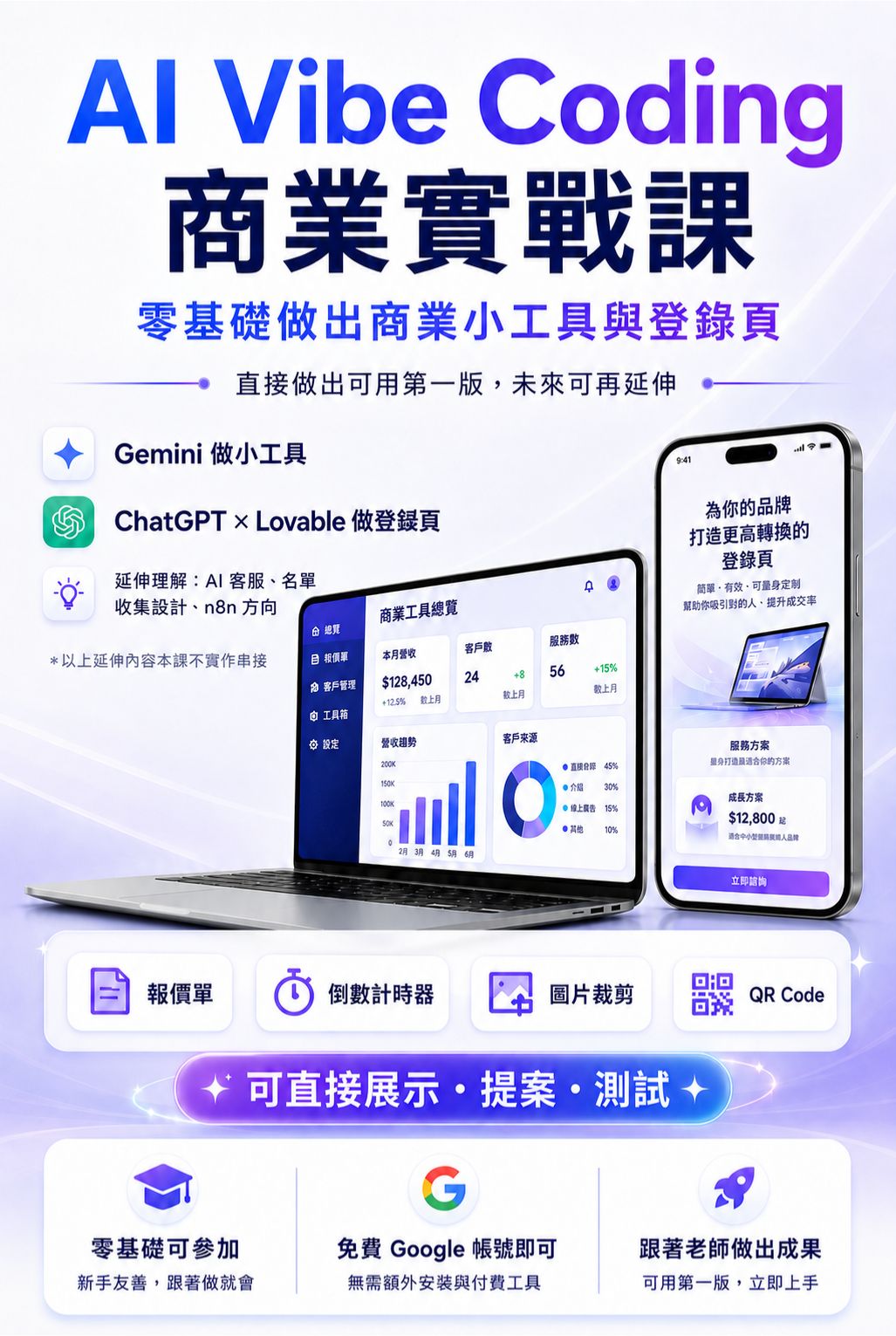 <img src="ai-vibe-coding-business-tools-custom-landing-page-hero.jpg" alt="AI Vibe Coding 商業實戰課首屏主視覺,強調零基礎也能用 AI 做出商業小工具與登錄頁,課堂成果可直接展示、提案與測試,適合想快速做出第一版數位工具的人。">