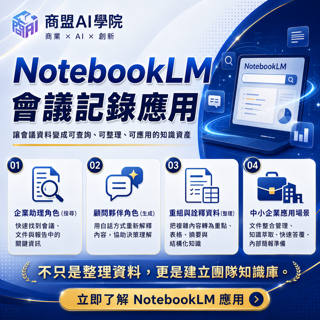 NotebookLM 在會議記錄的四大應用場景介紹：扮演企業助理角色快速搜尋、顧問夥伴角色協助理解、重組與詮釋複雜資料，以及中小企業的知識萃取與文件整合。讓會議資料變成可應用的團隊知識資產。