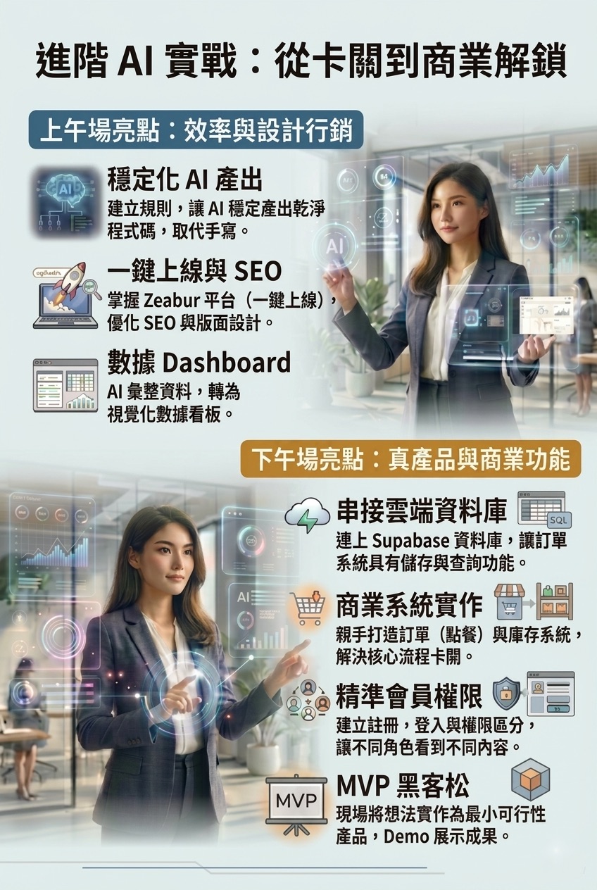 <img src="03-advanced-ai-practical-course-highlights-supabase-zeabur.jpg" alt="Advanced AI practical bootcamp highlights breakdown, showcasing morning topics on stable AI generation, one-click deployment via Zeabur, and data dashboards alongside afternoon topics on Supabase cloud database integration, commercial order systems, member permissions, and MVP hackathon.">