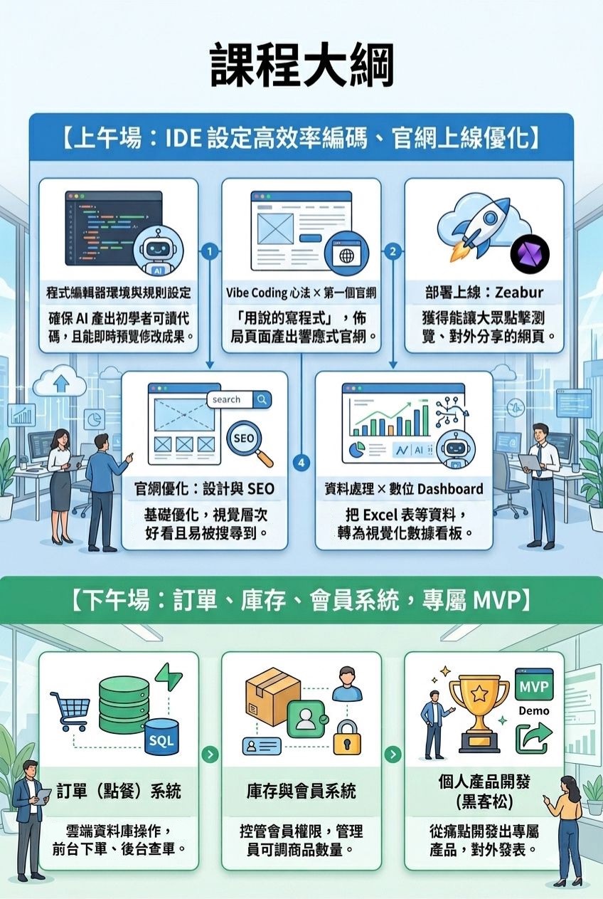 <img src="04-vibe-coding-bootcamp-step-by-step-curriculum-flowchart.jpg" alt="Detailed curriculum flowchart of the Vibe Coding Bootcamp, outlining the step-by-step learning path from IDE editor configuration, Vibe Coding core concepts, Zeabur deployment, and SEO to Supabase database operations, inventory systems, and final MVP product demo.">