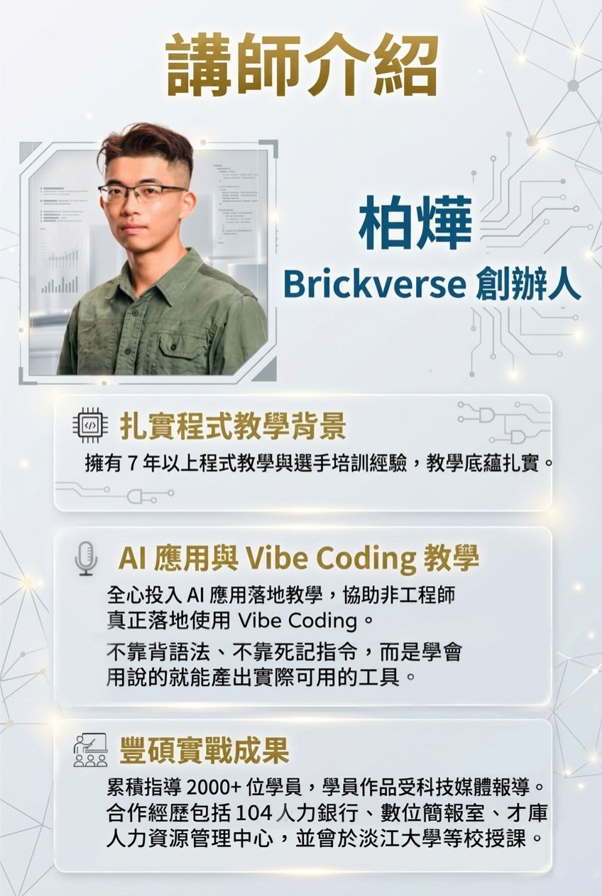 <img src="05-vibe-coding-instructor-bo-ye-brickverse-founder.jpg" alt="Instructor profile of Bo-Ye, founder of Brickverse and lead trainer for the Vibe Coding Bootcamp, highlighting over 7 years of programming and AI instruction experience, having trained 2000+ students to build practical tools using natural language without memorizing syntax.">