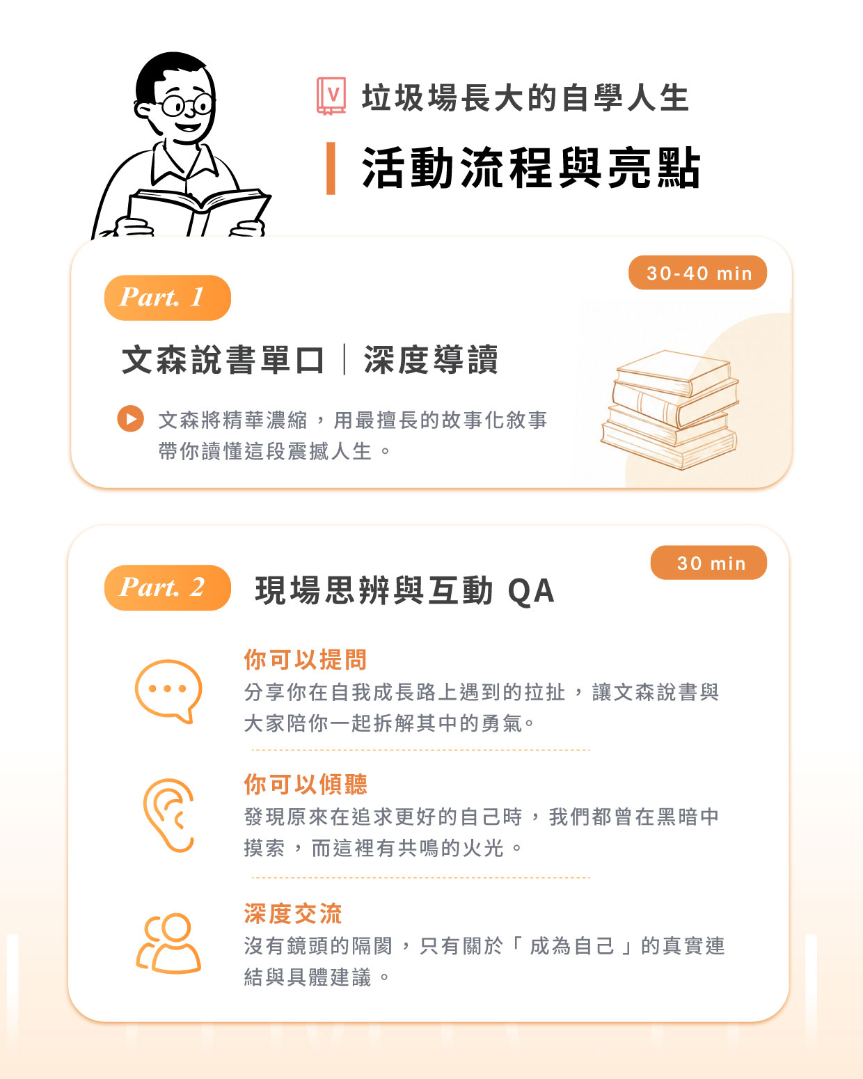 文森將精華濃縮,用最擅長的故事化敘事,帶你讀懂這段震撼人生 **Part 2. 現場思辨與互動 QA(30 分鐘),** - **你可以提問**:分享你在自我成長路上遇到的拉扯,讓文森說書與大家陪你一起拆解其中的勇氣。 - **你可以傾聽**:發現原來在追求更好的自己時,我們都曾在黑暗中摸索,而這裡有共鳴的火光。 - **深度交流**:沒有鏡頭的隔閡,只有關於「成為自己」的真實連結與具體建議。