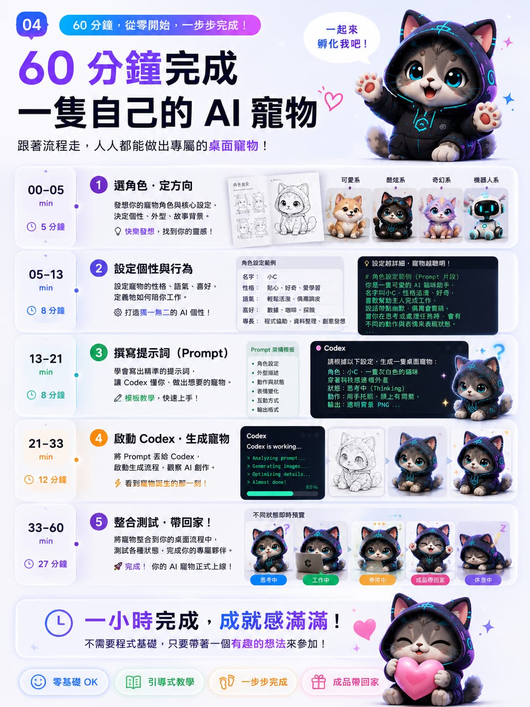💡 這堂課你會得到什麼？  ✔ 一隻專屬你的 AI 桌面寵物 ✔ 完整角色設定（個性 / 語氣 / 行為邏輯） ✔ 可重複使用的 Prompt 模板 ✔ 讓 AI 持續優化、越來越聰明的方法 ✔ 可實際應用在工作與生活的 AI 助手